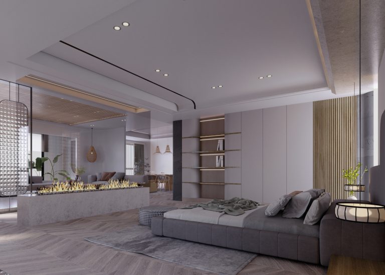 3d rendering,3d illustration, Interior Scene and  Mockup,modern minimalist bedroom with fireplace,